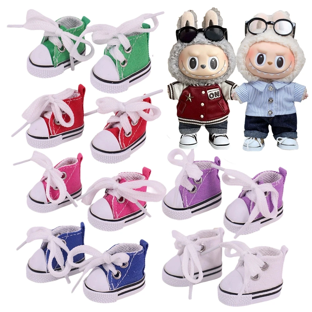 【רק נעליים】נעלי קנבס לבובת Labubu החדשה בגובה 15-17 סמ נעלי ספורט עליונות לבובת Labubu נעלי קנבס עם רצועת קשירה אביזרי בובה צעצוע