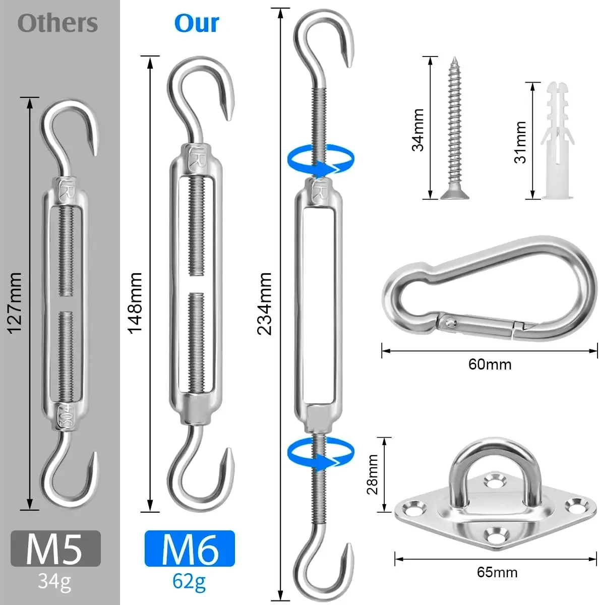 Sun Shade Sail Hardware Install Kit 6 Inch,Stainless Steel Shade Sail Fixing Accessories,Heavy Duty Awning Attachment Set(44Pcs)