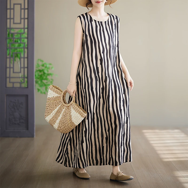 

plus Size Cotton Linen Print Summer Dress Knee-Length Sleeveless round Neck A-Line Dress Women's Loose Fit Travel Friendly