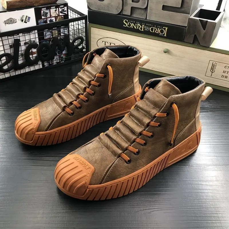 Spring Leather Casual Shoes Men Ankle Boots Lace Up High Top Men Shoes Chunky Sneakers High Quality Fashion Male Designer Shoes