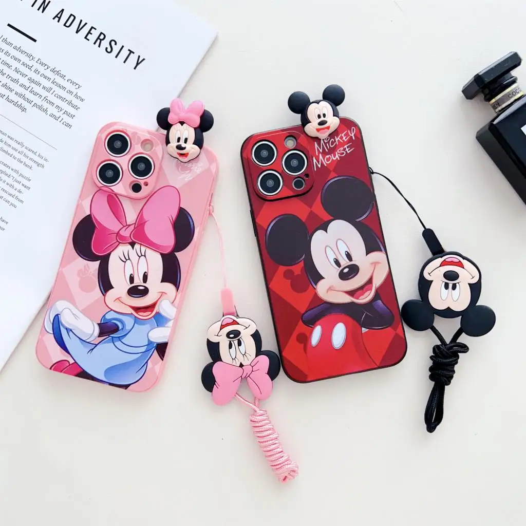 Minnie Mickey For iPhone 6 6s 7 8 X Xs Max XR 11 12 13 14 15 16 Pro SE Max Phone Case With Holder Rope