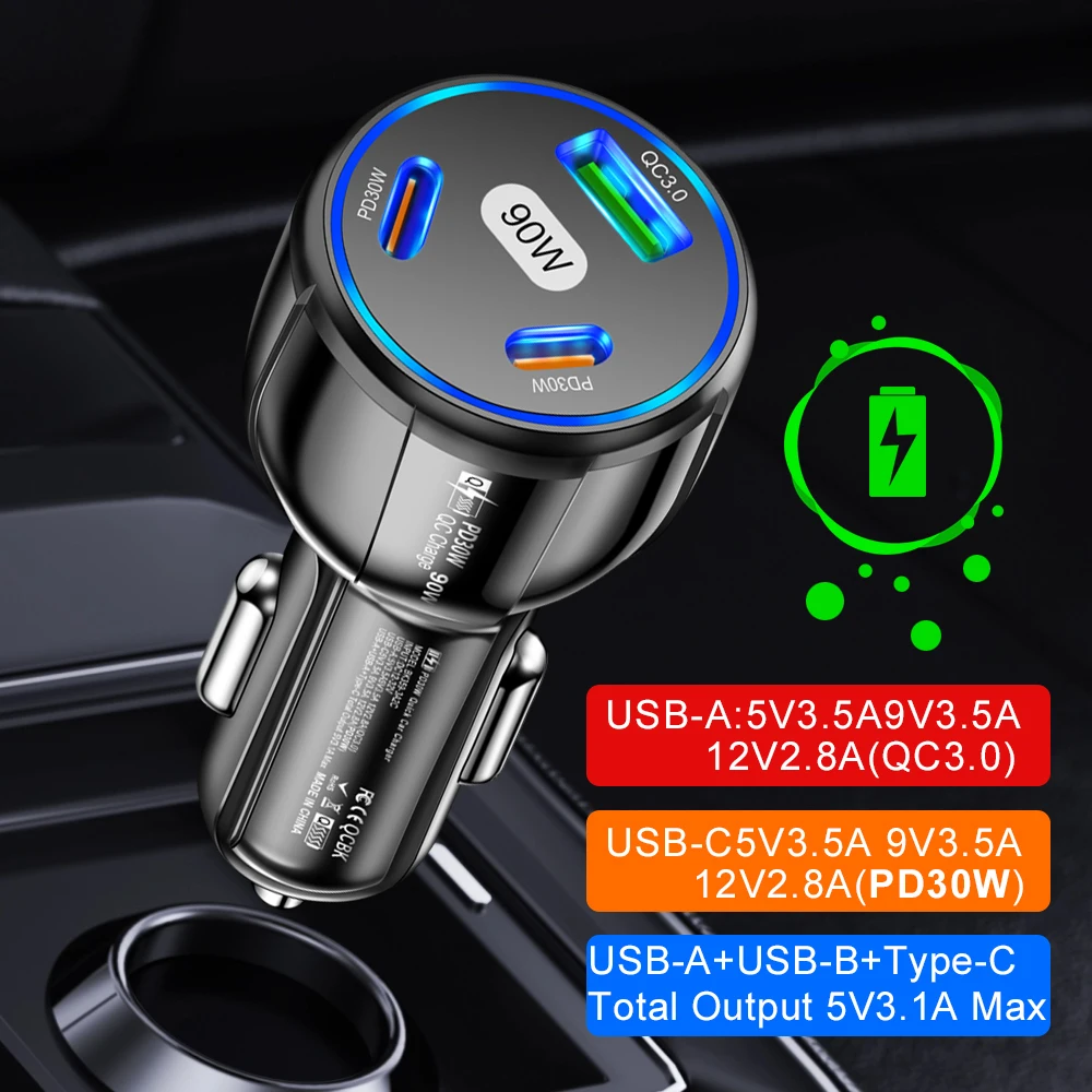 90W/75W Fast car Charger 3 Ports PD USB Car Charging Mobile Phone Type-C Adapter in Car for iPhone 14 15 Pro/Max Samsung