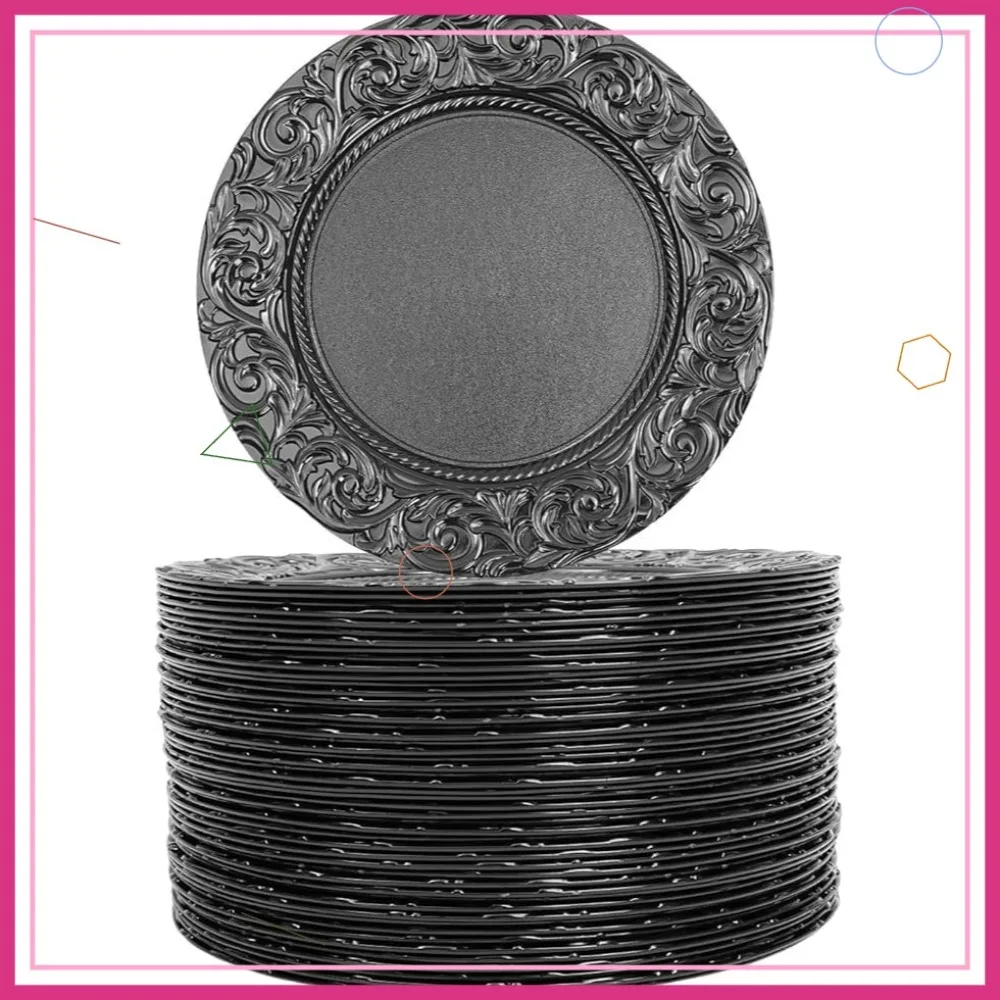 

100 Pcs 13" Black Plastic Charger Plates with Embossed Rim for Weddings, Banquets, Commercial Use