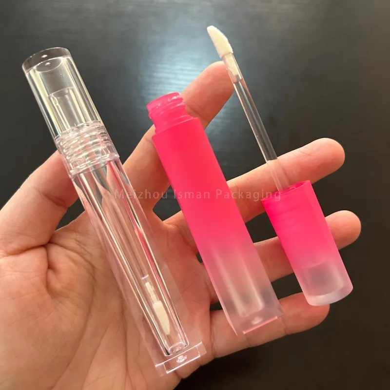 

50Pcs Wholesale 3ml Empty Lip Gloss Tubes with Applicator - Round Cap Square Body, Gradient Pink & Clear, Customizable