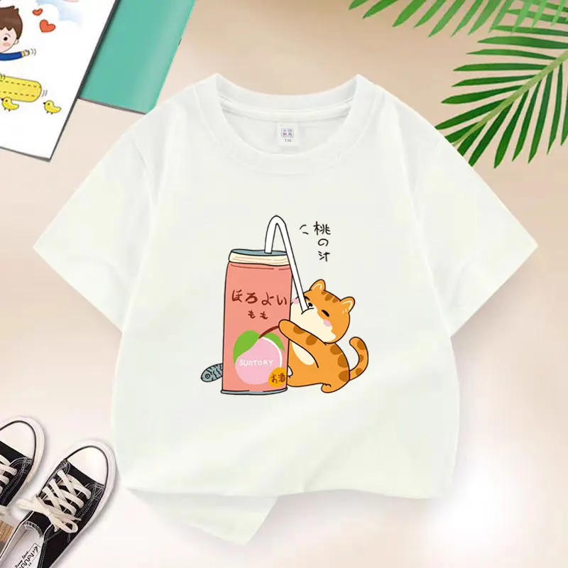 Cats Drinking Beverages Children Clothing Boys T-shirt Summer Cartoon Top Cotton Kids Short Sleeves Baby Kids T Shirt 2-12 Years