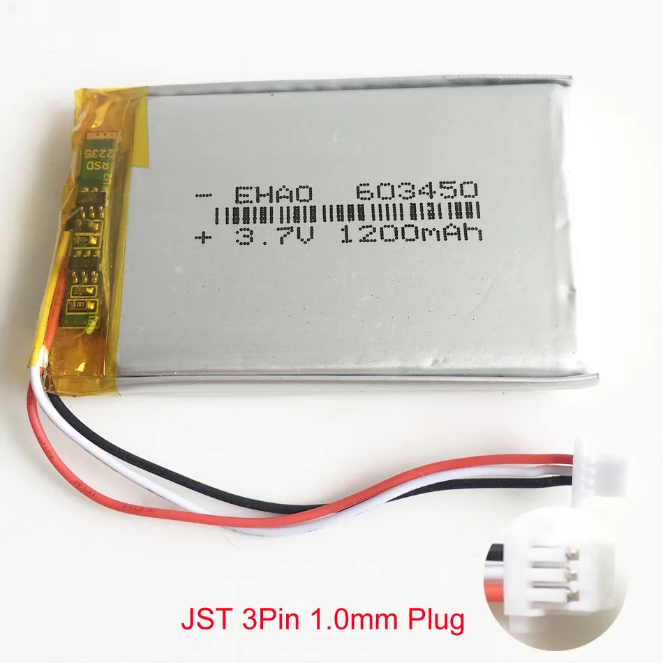 3.7V 1200mAh Lipo Polymer Lithium Rechargeable Battery + Jst 1.0 3Pin Plug For GPS DVD Bluetooth Recorder E-book Camera 603450