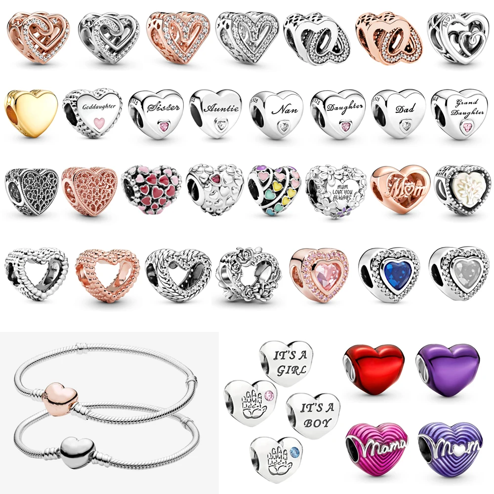 Pandora Original Bracelet Heart Series Charm and Snake Chain Bracelet Set Fit For Pandora DIY 925 Silver