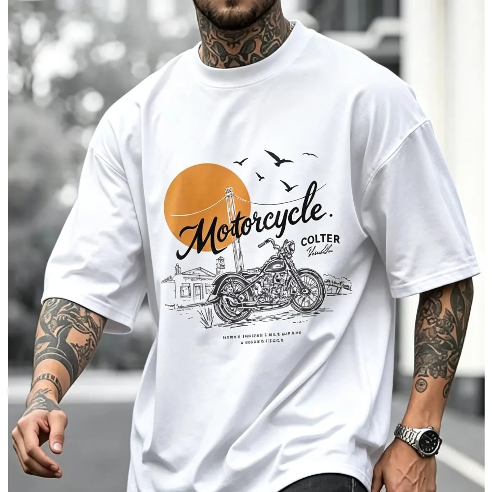2026 New Men Short Sleeve T-shirt Vintage Motorcycle Sunset Birds Graphic Print Retro Biker Street Casual Tops