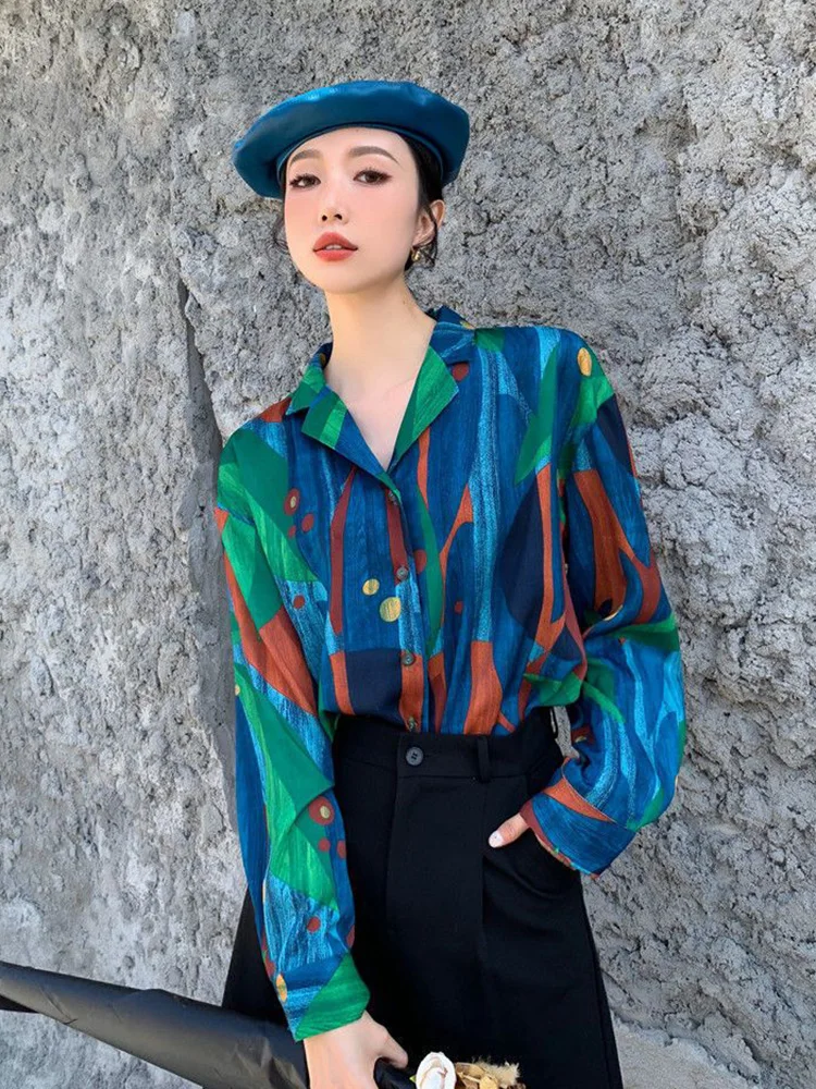 

Vintage Print Women Elegant Shirt Long Sleeve Casual Design Korean Blouse Fall Loose Painting All Match Female Tops Mujer
