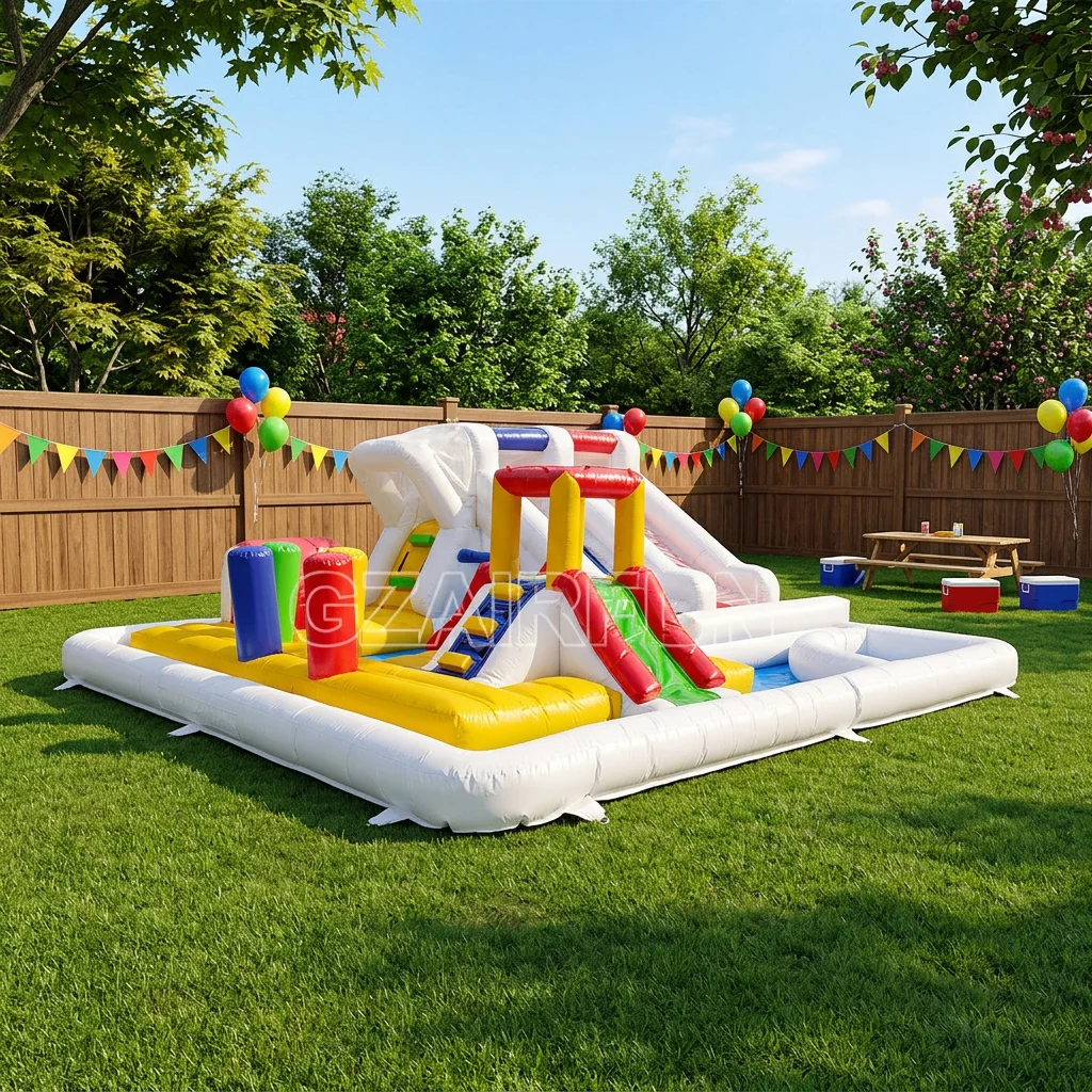 Kids Inflatable Water Slide Castle with Obstacle Course & Pool, Commercial PVC for Backyard Party & School Events