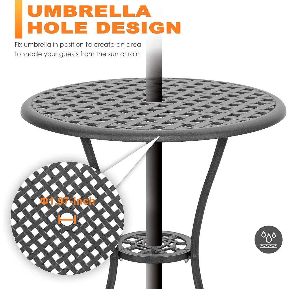 طقم بيسترو مكون من 3 قطع من الألومنيوم المصبوب في الهواء الطلق طقم بيسترو وطاولة فناء وكراسي مكون من قطعتين مع فتحة مظلة ووسائد رمادية