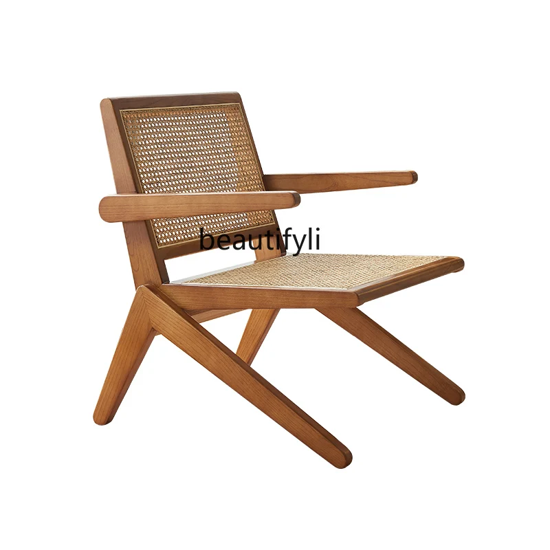 

Nordic Solid Wood Sofa Chair Leisure Chair Silent Style Living Room Single Bed & Breakfast Balcony Rattan Armrest Recliner