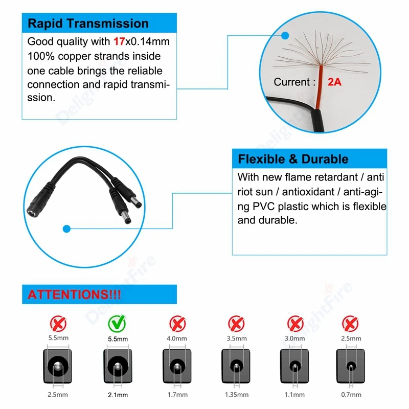 1 To 2/3/4/5/8 Way DC Power Splitter Cable 5.5mm 2.1mm Jack 5V 12V Power Adapter Connector Cord For LED Strip Lights CCTV Camera