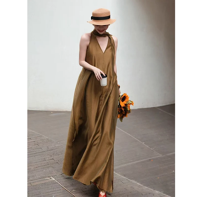 

High Quality V-Neck + Lace Up Sleeveless Loose Both Front And Back Wearable Elegant Beach Vacation Women's Dress S-XL