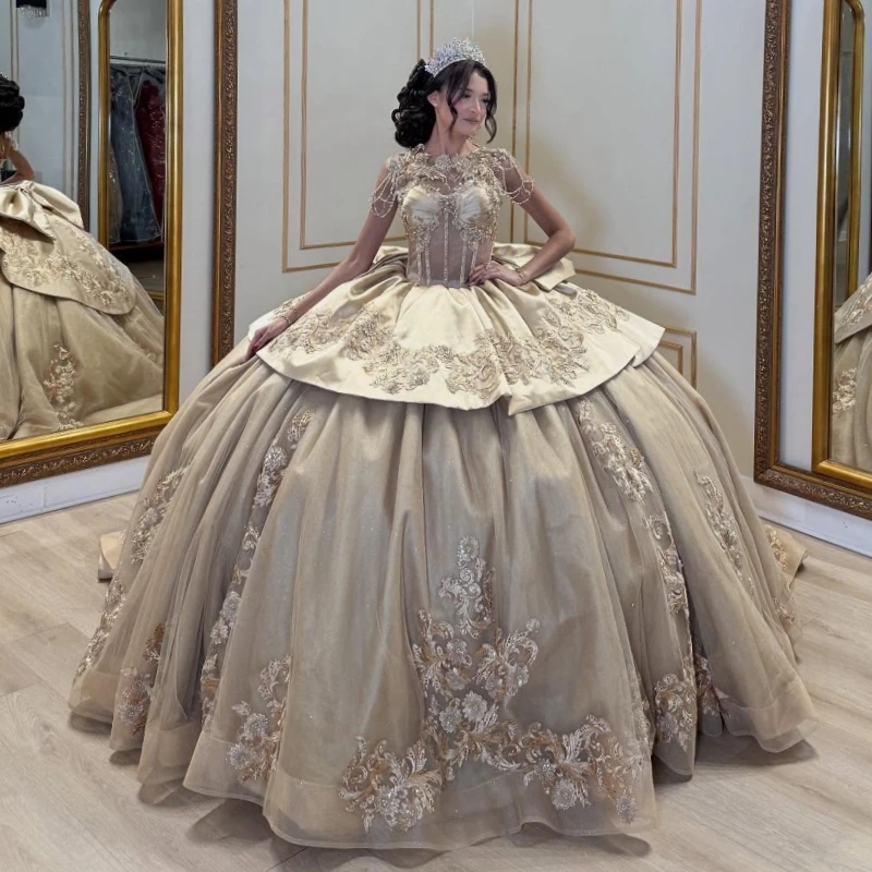 

Блестящие платья Quinceanera цвета шампанского с открытыми плечами, аппликация, кружево, бисер, кристалл, бант, корсет, тюль, вечерние, день рождения, сладкое платье 16,