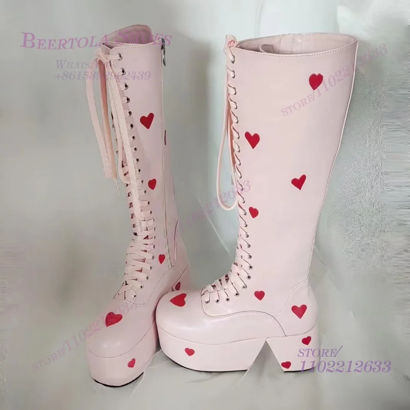 1 Heart Red Graffiti Pink Boots for Girls Cute Knee-Length Leather Lace-Up Elastic Round Toe Spring Party Casual Shoes Women