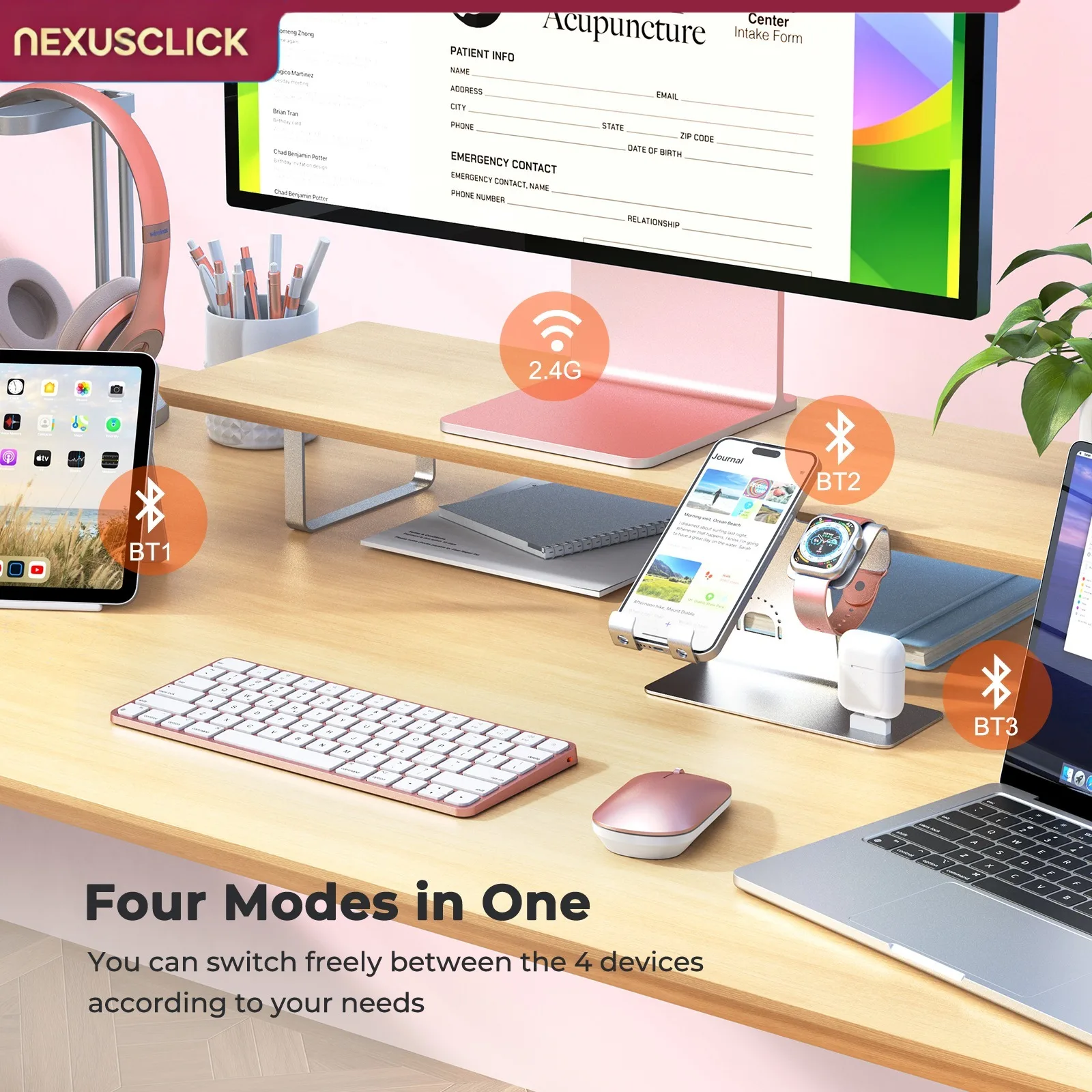 NexusClick 4 Modes Ultra Slim Rechargeable Wireless Keyboard Mouse Set Quiet Low Profile Adjustable DPI Mice for iOS Mac Office