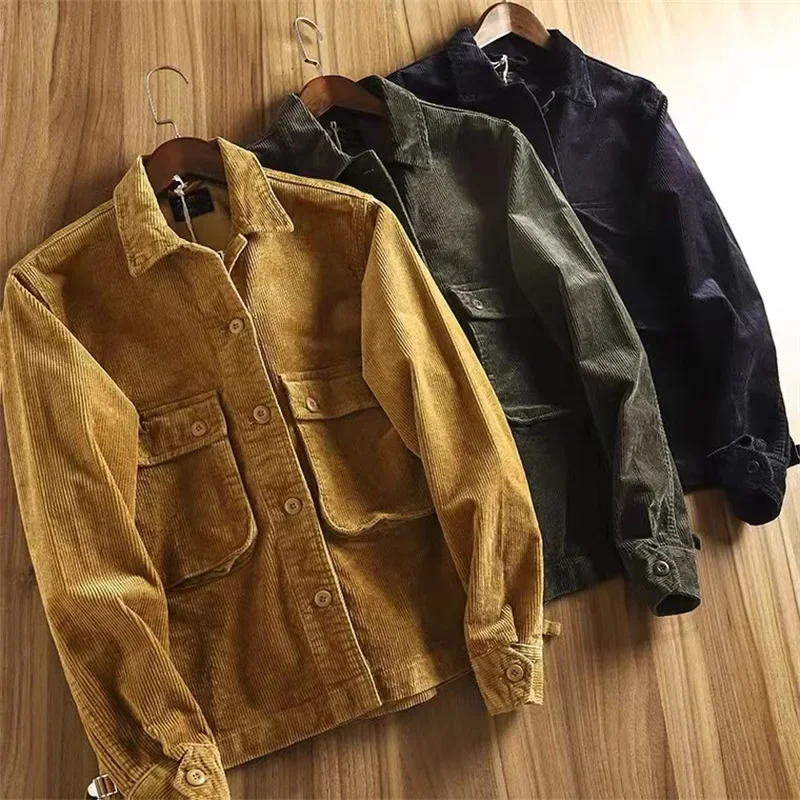 Vintage corduroy coat men\'s cargo shirt jacket Casual