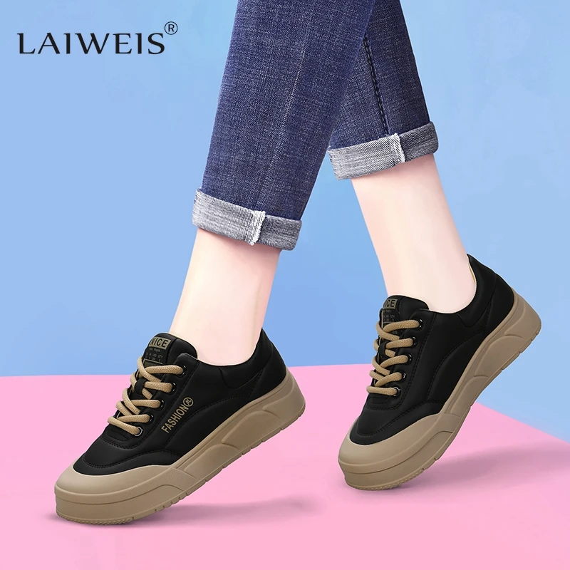 2024 Soft Leather Casual Shoes Women Sneakers Platform All-Match Autumn New Round Toe Cross-tied   Frosted Flats