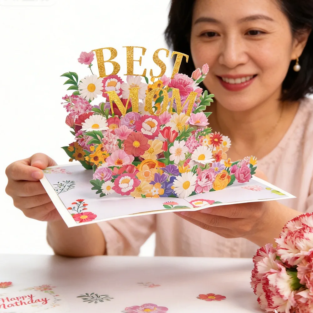3D Pop-Up Grußkarte mit Umschlag Muttertagsgeschenk für Mama Erntedankfest Perfektes Blumen-Herz-Design Überraschungs-Andenken