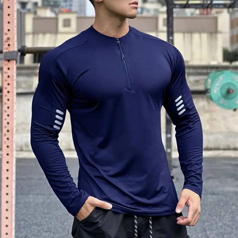 New casual men's long sleeve T-shirt zipper neckline stretch sportswear reflective strip design fitness jacket men's wear