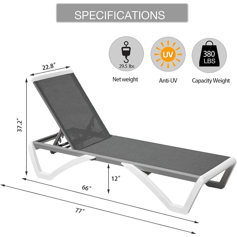 Outdoor Living Outdoor Chaise Lounge - Adjustable Aluminum Patio Lounge, Plastic Pool Sun Loungers Chair