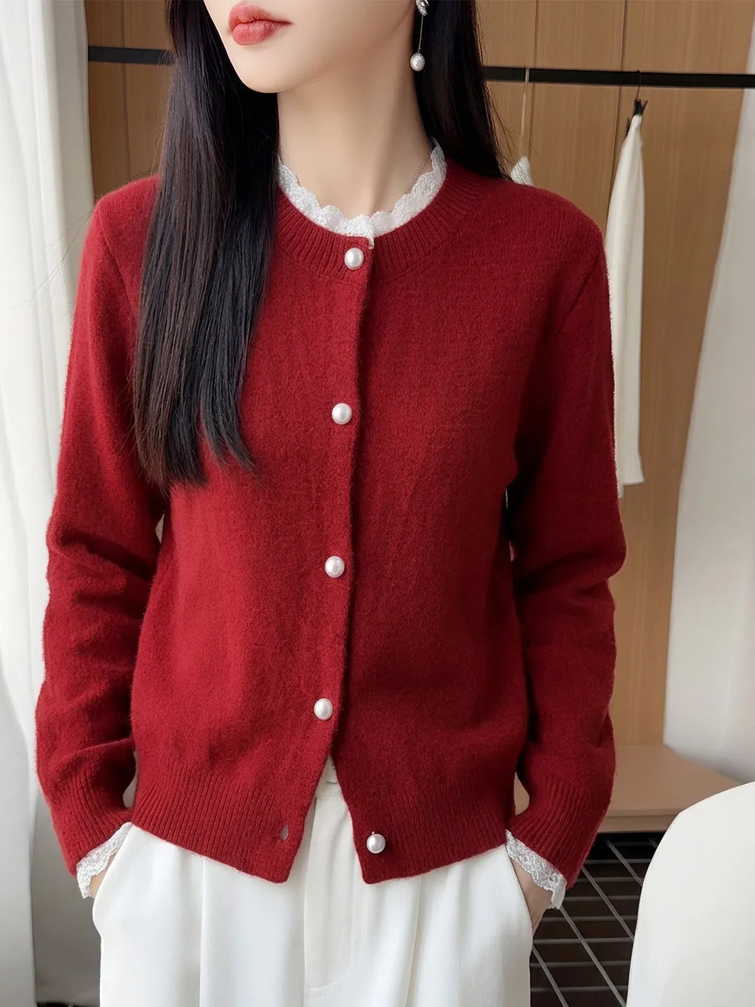 Lace Trim Color Block Pearl Button Knitted Open Cardigan Women's round Neck Long Sleeve Loose Base Sweater Top Neutral Style ...