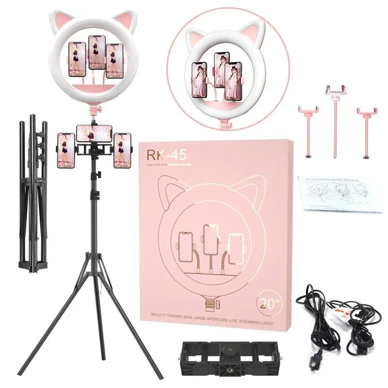 Heart Cat Ear 20 inch Pink LED Ring light 408pcs LED 60 lumens Dimmable 3000K-6500K 3 phone clamps YouTube Ringlight for Makeup