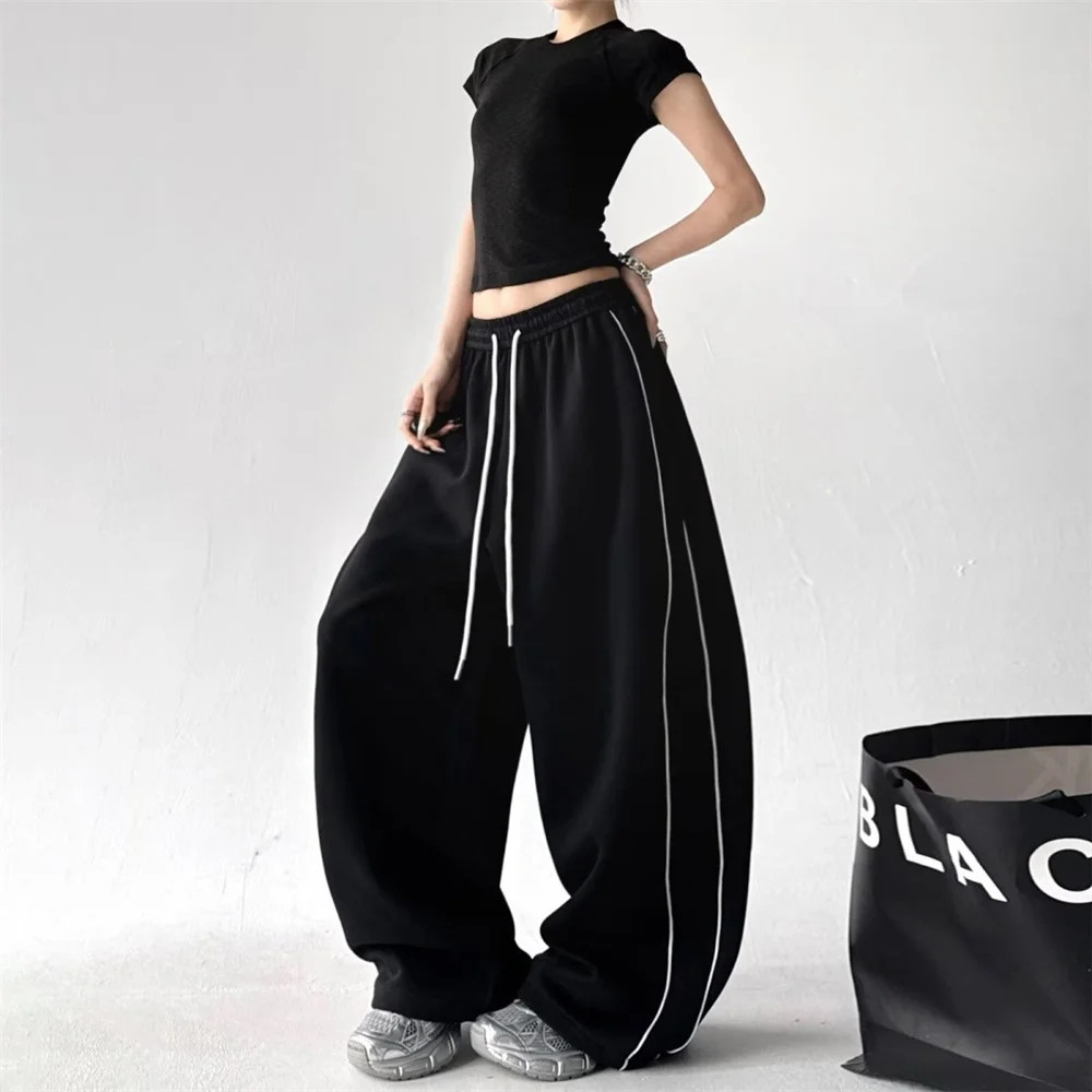 White Baggy Wide Leg Sweatpants for Women Side Stripe Elastic High Waist Drawstring Loose Casual Y2K Streetwear Joggers Trousers