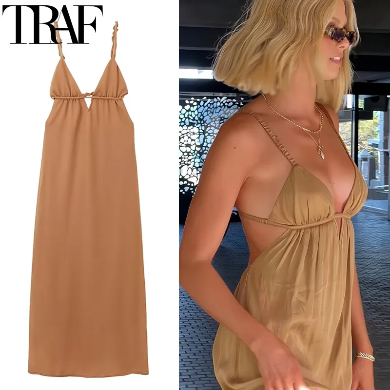 TRAF 2024 Slip Women's Dresses Summer Long Dresses For Women Backless Sexy Midi Dress Woman V neck Beach Holiday Party Dresses