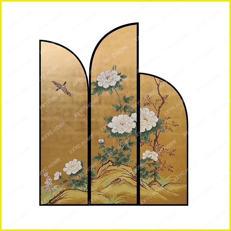 

Simple Solid Wood Subareas Screens Accordion Partition Hand Painted Gold Foil Painting Screen