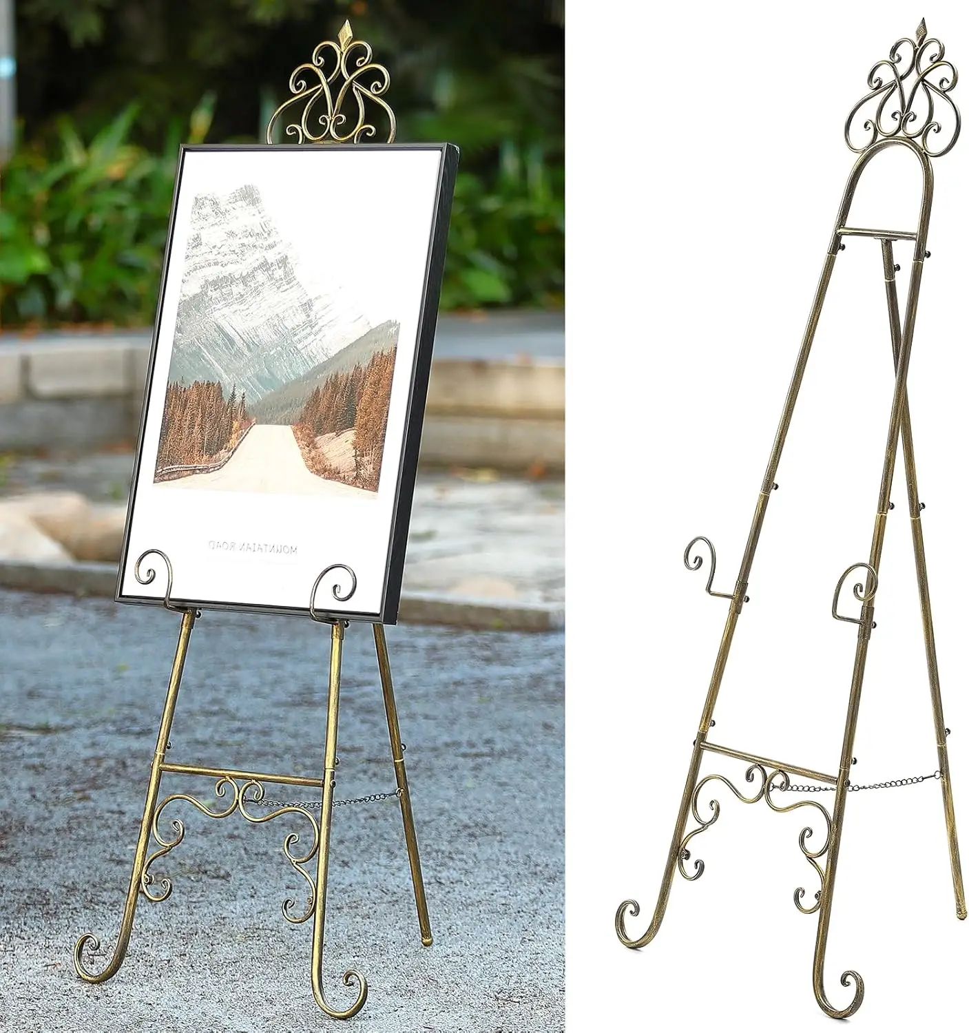 Adjustable Floor Easel Stand for Display, Vintage Metal with Chain Support, Extra Large for Wedding Signs & Picture Frames
