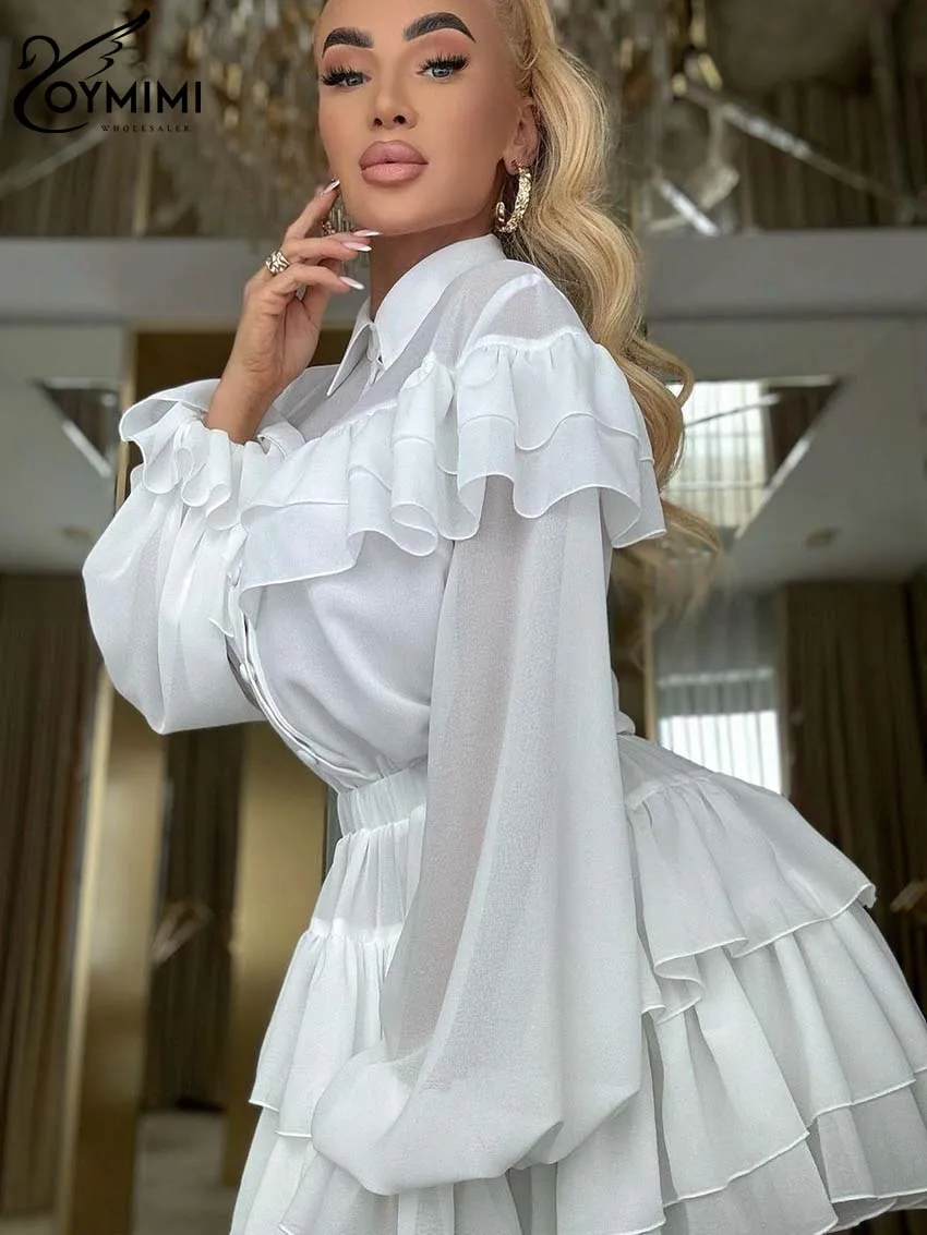 Fashion White Sets for Women 2 Pieces Elegant Long Sleeve Button Ruffled Shirts and High Waisted Pleated Mini Skirts Sets