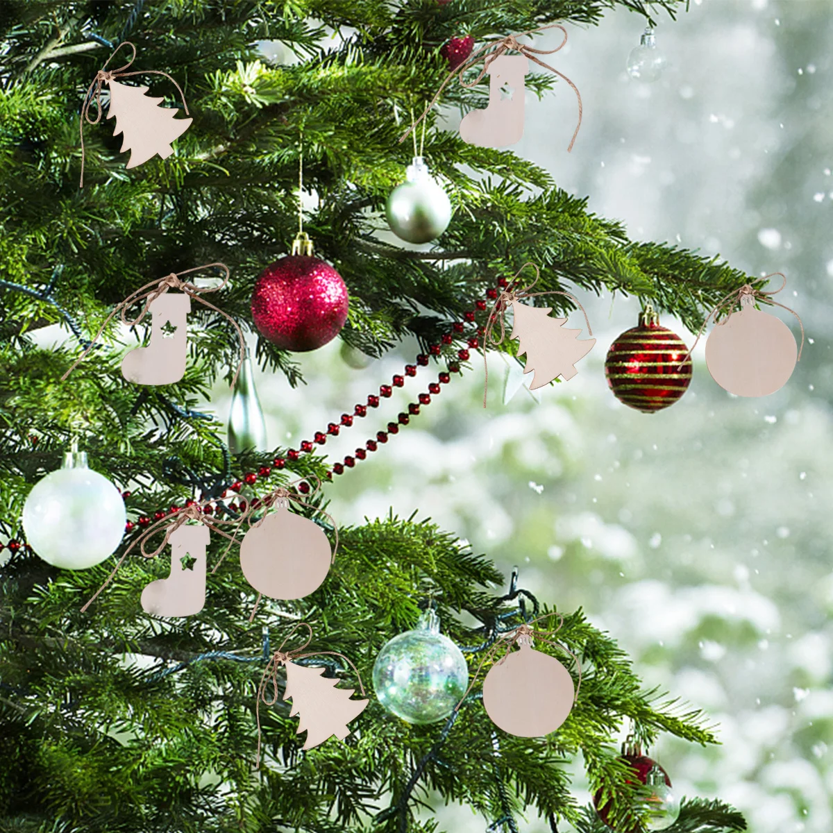 

40Pcs Wood Christmas Ornaments Unfinished DIY Craft Pieces Kids Tree Stocking Round Hanging Pendant Decoration Supplies