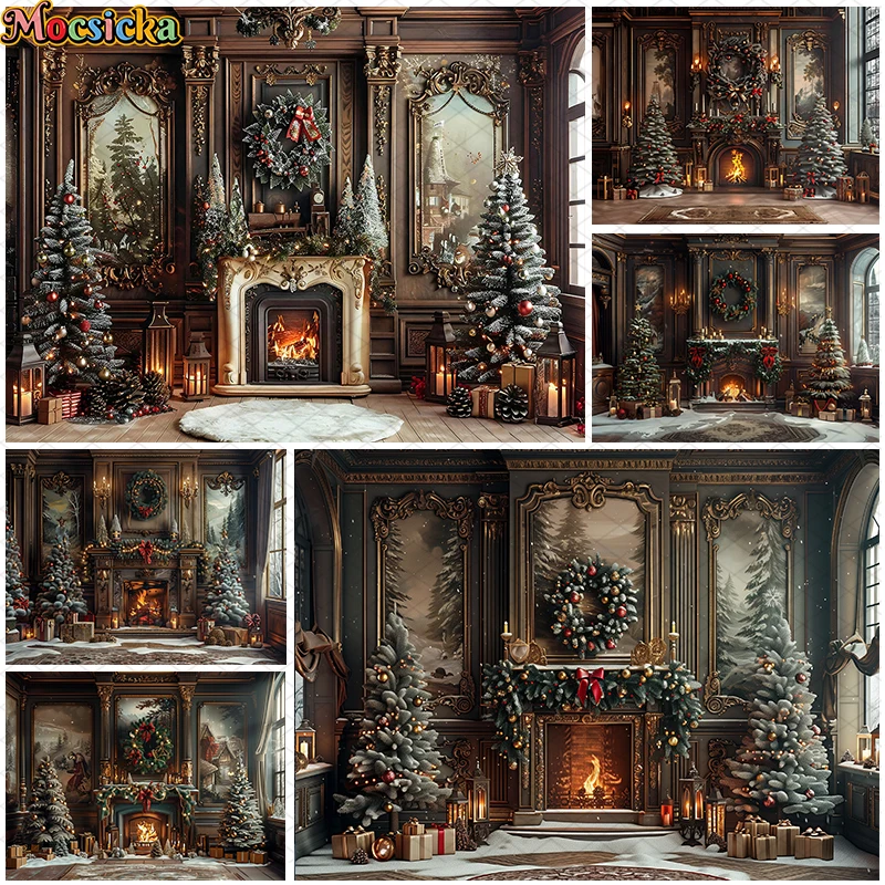 

Mocsicka Indoor Christmas Background For Child Adult Family Photo Photography Fireplace Xmas Tree Wreath Decoration Props