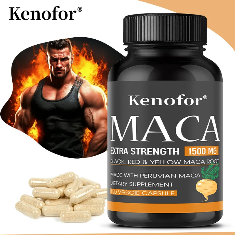 كبسولات الماكا العضوية، تحتوي على مستخلصات جذر الماكا باللون الأسود والأحمر والأصفر لتعزيز الطاقة والقدرة على التحمل وكتلة العضلات