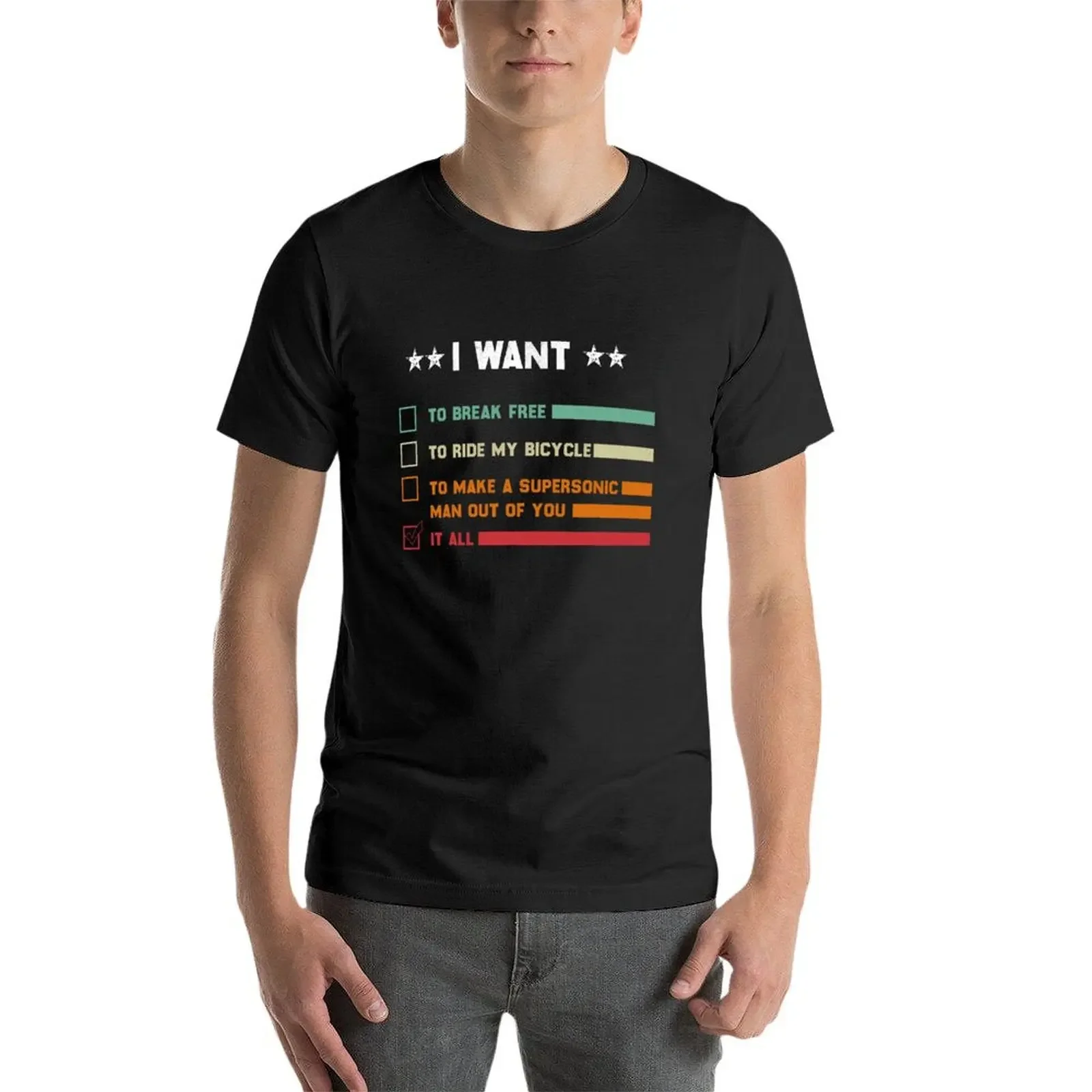 Grappige muziekliefhebber cadeau fietskostuum ik wil het allemaal T-shirt sublieme man kleding grappige t-shirts voor mannen