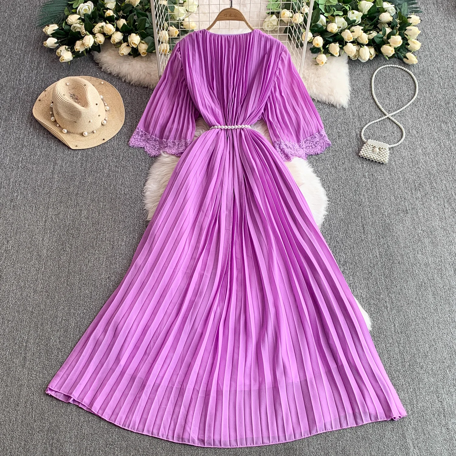 Vintage sexy Strass Spitze geraffte Kleid Chic Sommer Strand Fairycore Vestidos Urlaub Frauen Kleidung