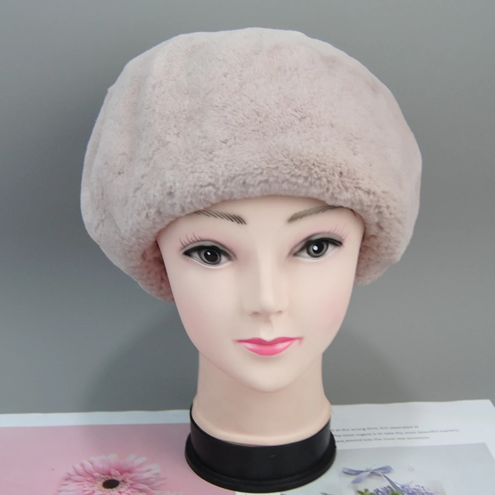 New Style Lady Beret Caps Knitted Real Rex Rabbit Fur Beanies Hat Women Winter Rex Rabbit Fur Hats 100% Real Rex Rabbit Fur Cap