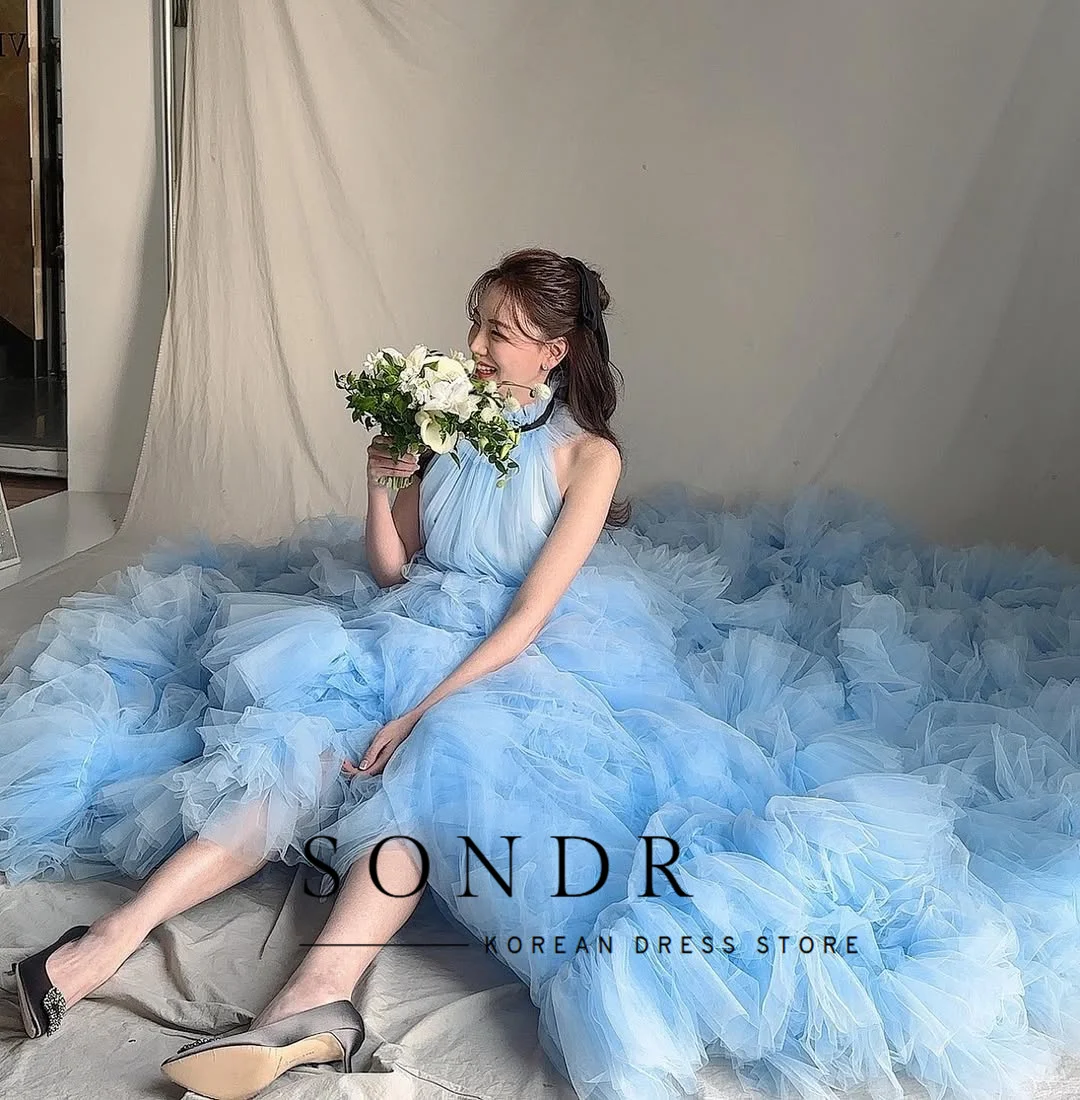 Sondr Himmelblaue O-Ausschnitt ärmellose koreanische Brautkleider, abgestufter weicher Tüll, japanische Hochzeits-Party-Kleider, individuelles Abendkleid