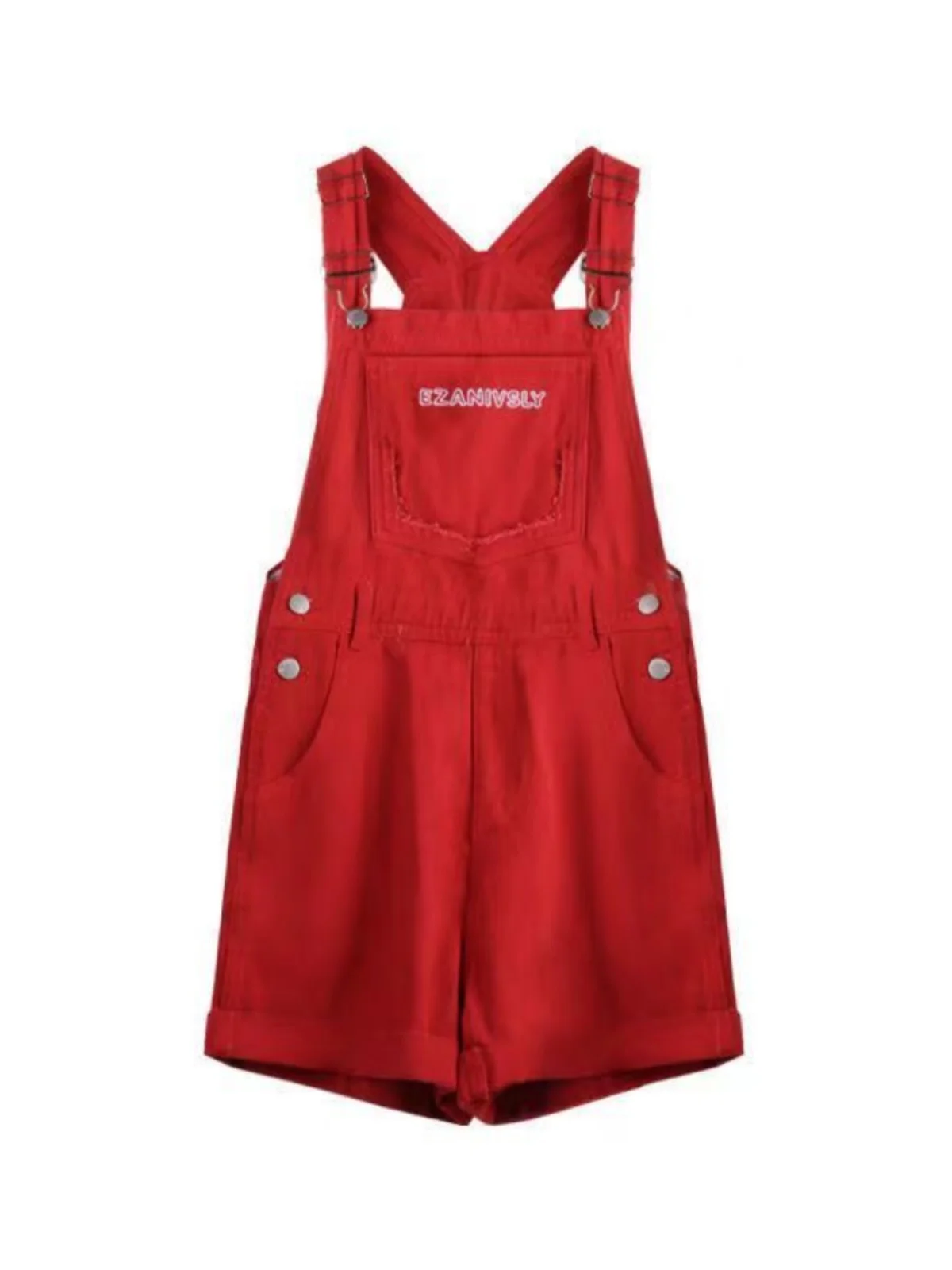 Overall Denim Merah Musim Panas Wanita Gaya Jalanan Retro Pakaian Kerja Kaki Lebar Tali Pinggang Tinggi Bahan Denim Tipis