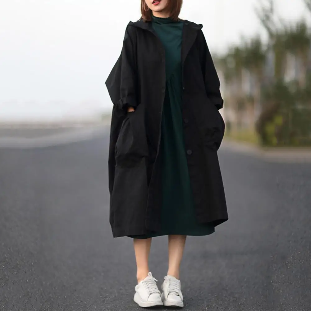 Women Hooded Coat Single-breasted Long Sleeves Loose Cardigan Trench Coat Drawstring Overcoat with Large Pockets Windbreaker