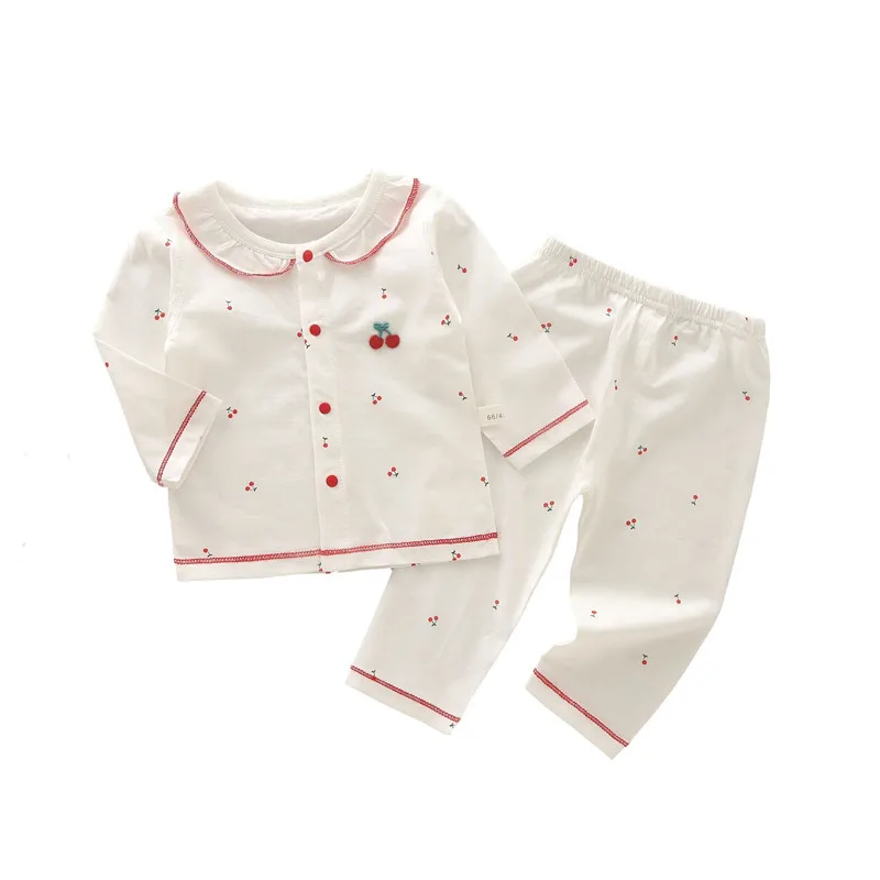 

Костюм для маленьких девочек, одежда, хлопковый комплект домашней одежды, кружевные пижамы с длинными рукавами, клубничный топ + брюки, 2 предмета, От 0 до 3 лет