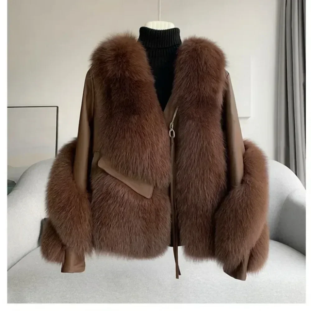 Women Fox Fur Coat 2024 Autumn Winter Fur All-in-One Coat Spliced Sheepskin Motorcycle Coat Thickened Warm Free Shipping