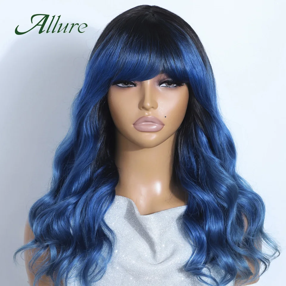 Brazilian Human Hair Wig With Bangs Body Wave Hair Wig 100% Virgin Hair Full Machine Wigs for Women 22 inch Blue Color Allure