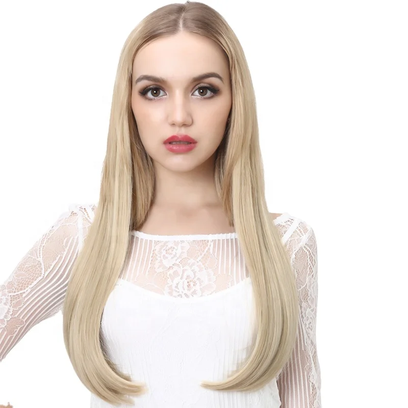 

Wholesale 24" Long Straight Best Hair Cheap Synthetic Invisible Clip in Hair Extension Products China U Part Half Wig for Women