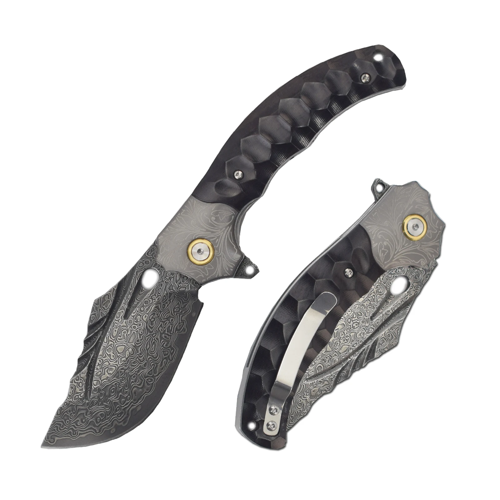 Lâmina dobrável artesanal de aço damasco, utilitário de sobrevivência para acampamento ao ar livre, ferramentas edc, facas dobráveis de bolso, ébano cnc + alça de aço