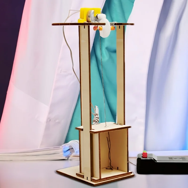 DIY Electric Remote Control Lift Elevator Kit - Wooden Model Science Experiment Puzzle Toy for Kids Educational School Project