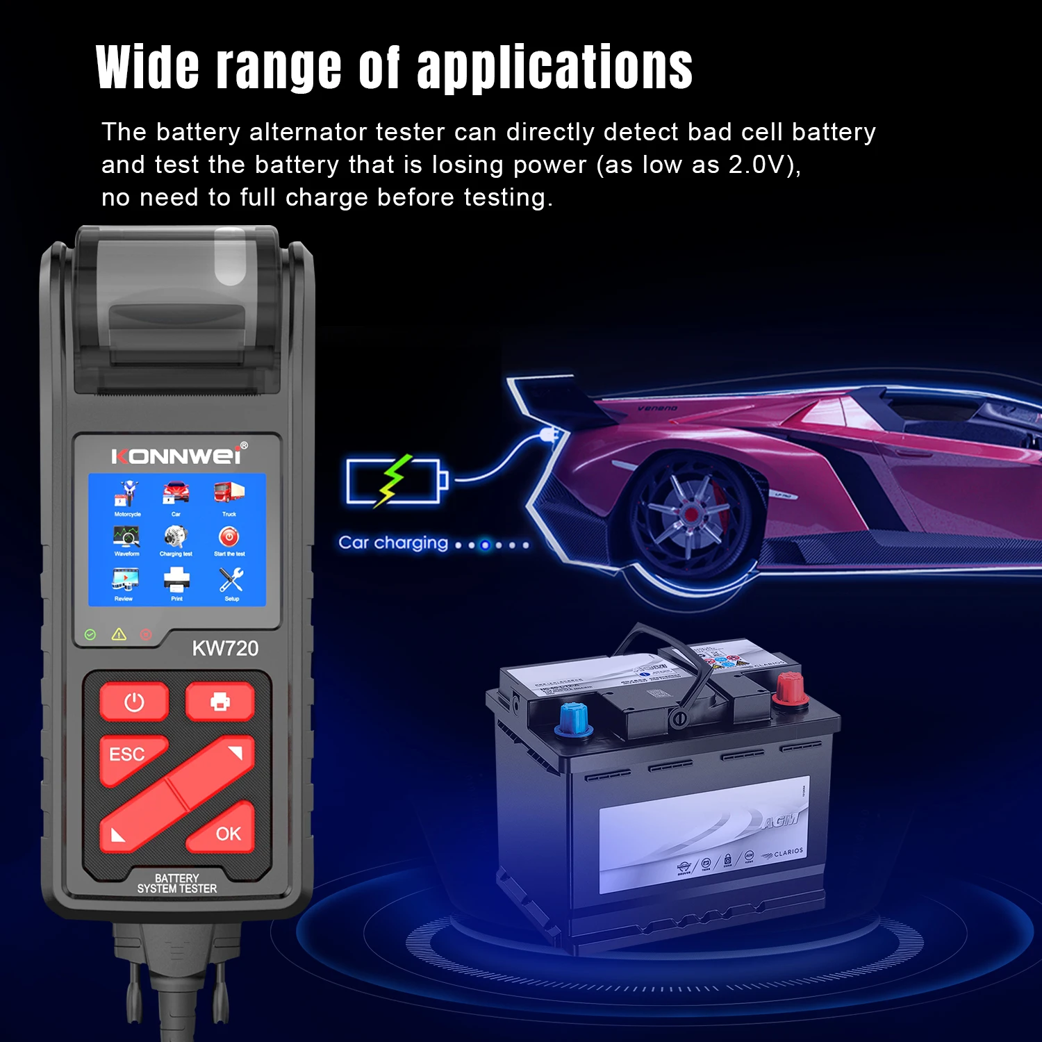 Universal Car Battery Analyzer KONNWEI kw720 Truck  Tester with Printer 12V 24V  Health Diagnostic Tool