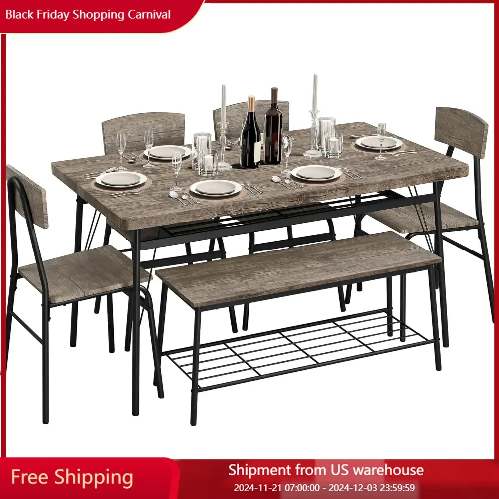 Dining Table Set for 6 Kitchen Table Set with Chairs and Bench with 2 Storage Racks, Protective Foot Pads 6 Piece Dining Set